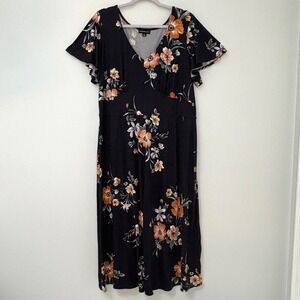 Fortune + Ivy Womens 2X Navy Blue Floral Flutter Sleeve V-Neck‎ Midi Dress